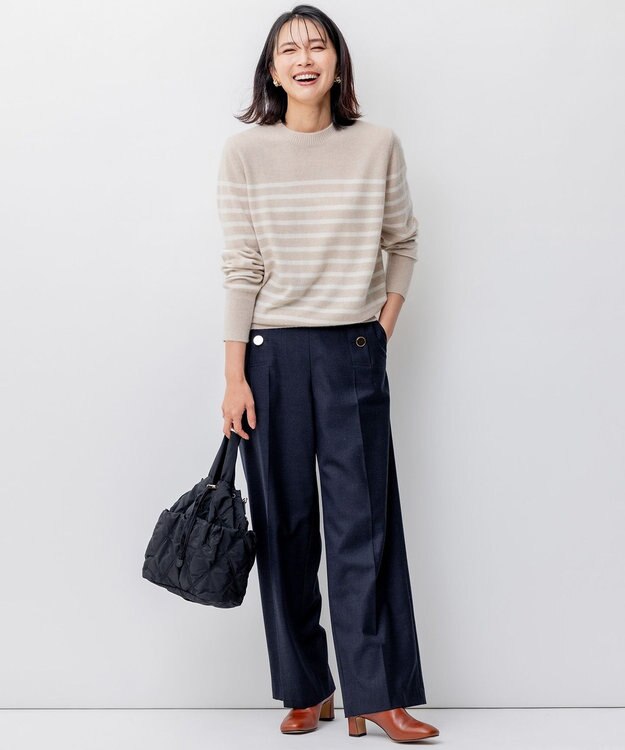 23区 S 【洗える】ピュアカシミヤ ボーダー ニット ベージュ×オフボーダー