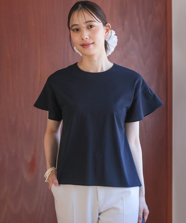 組曲 【WEB限定】プレーティング天竺フリルスリーブ Tシャツ ブラック系