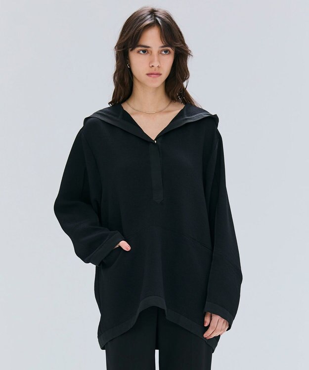 BEIGE， 【洗える】POMONA / Vネックフード付プルオーバー Black