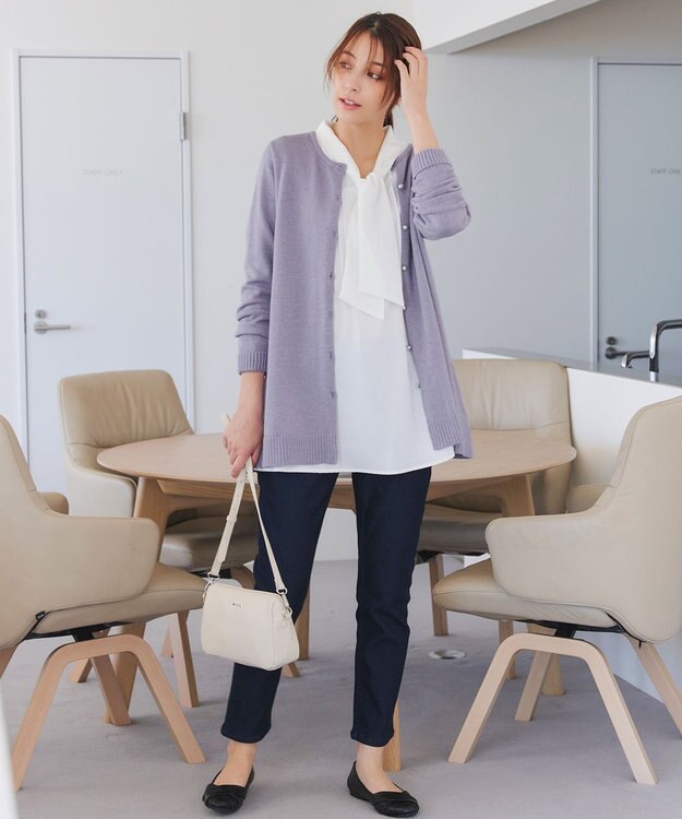 Tiaclasse 【洗える】ラウンドネックミドル丈ニットカーディガン ラベンダー