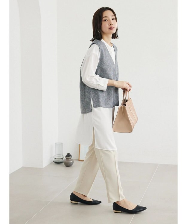 Green Parks ＳＥＴ２点Ｖネックベスト＋７分袖ミディシャツワンピース Gray Mixture