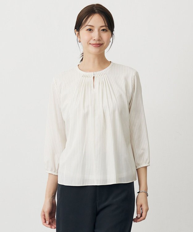 J.PRESS LADIES プロビスストライプ＆チェック カットソー エクリュストライプ系