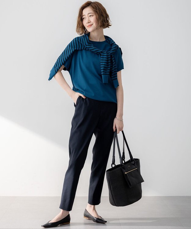 23区 【洗える】リネンレーヨンストレッチ テーパード パンツ ネイビー系