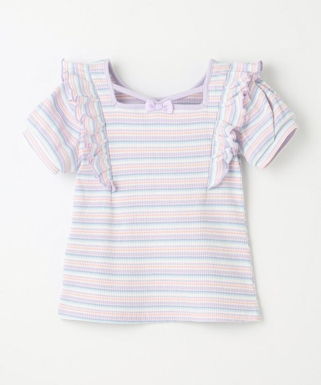 ANY KIDS オン・オフショルダー ボーダー Tシャツ ラベンダー系