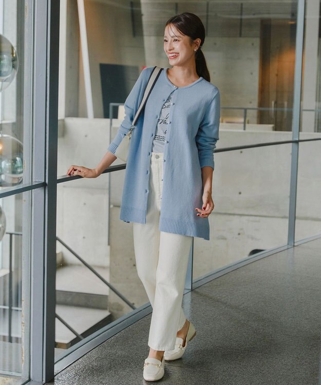 Tiaclasse 【洗える】ラウンドネックミドル丈ニットカーディガン サックス