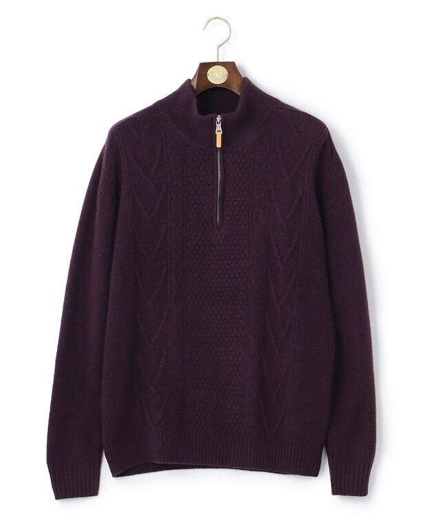 J.PRESS MEN 【Cash Lamb's Wool】ケーブルハーフジップ ニット パープル系