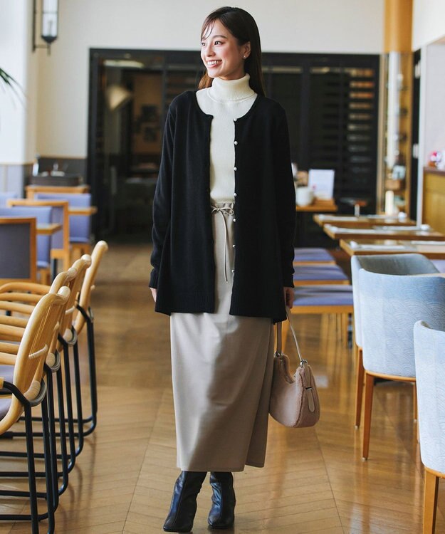 Tiaclasse 【洗える】ラウンドネックミドル丈ニットカーディガン ブラック