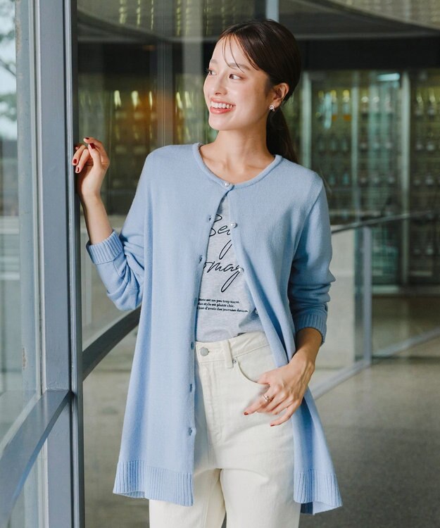 Tiaclasse 【洗える】ラウンドネックミドル丈ニットカーディガン サックス