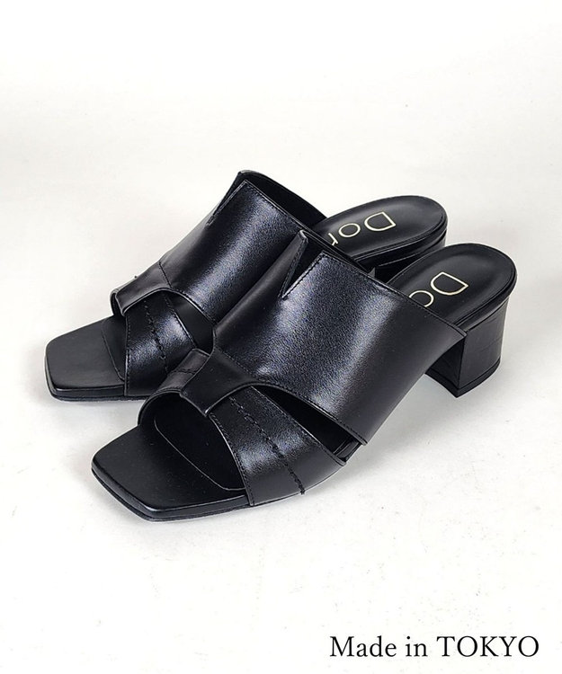 Dominic3 型押しヒール レザーVカットミュール ブラック