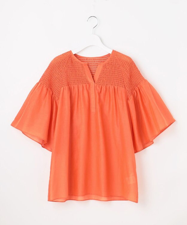 自由区 【洗える】シルクコットンローンスモッキング刺繍 ブラウス マンダリン