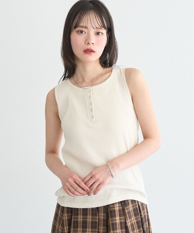 earth music&ecology 【綿100％】ピコミシンヘンリーネックタンクトップ Ivory