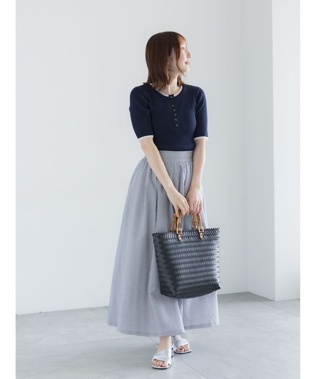 Te chichi 【UVカット】ヘンリーネック5分袖配色リブニット ネイビー