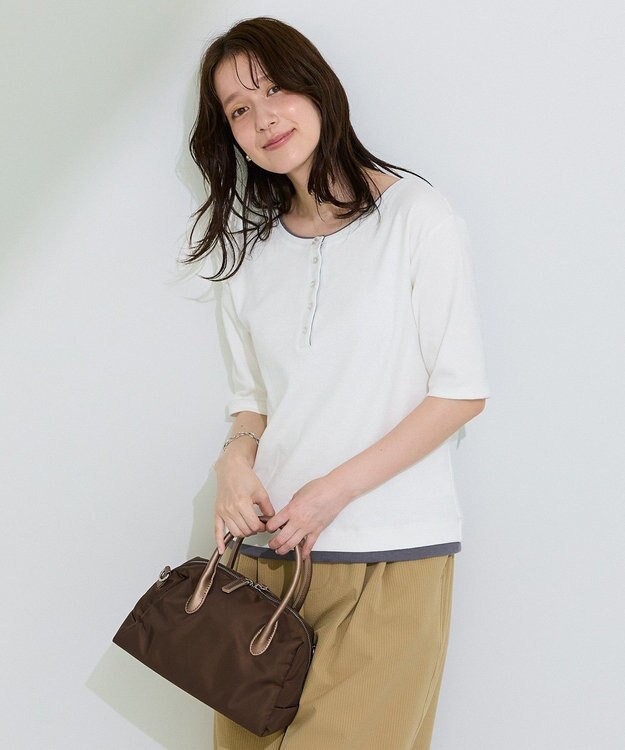 Green Parks 配色ヘンリーネック半袖プルオーバー Off White