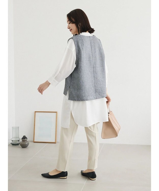 Green Parks ＳＥＴ２点Ｖネックベスト＋７分袖ミディシャツワンピース Gray Mixture