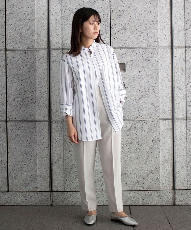 KASHIYAMA GIZA 100/2 バンドカラーシャツ ネイビーレールストライプ