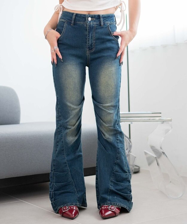 WEGO ギャザーデニムフレアパンツ デニム中濃加工色