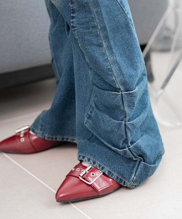 WEGO ギャザーデニムフレアパンツ デニム中濃加工色