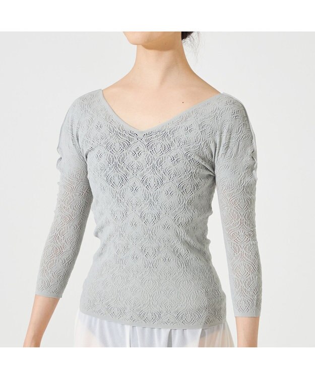 Chacott 【ノーソーイングニット】レーシーＶネックニットトップ エバーグリーン