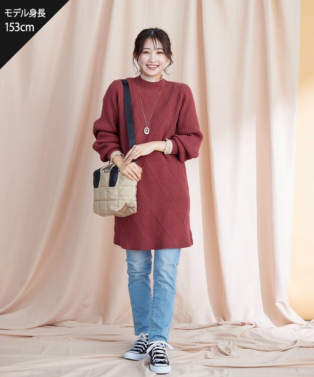 Tiaclasse L 【洗える】ダイヤ地柄ニットチュニック ピンク