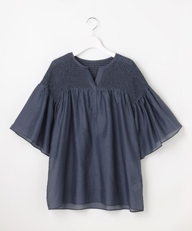 自由区 【洗える】シルクコットンローンスモッキング刺繍 ブラウス コバルトブルー