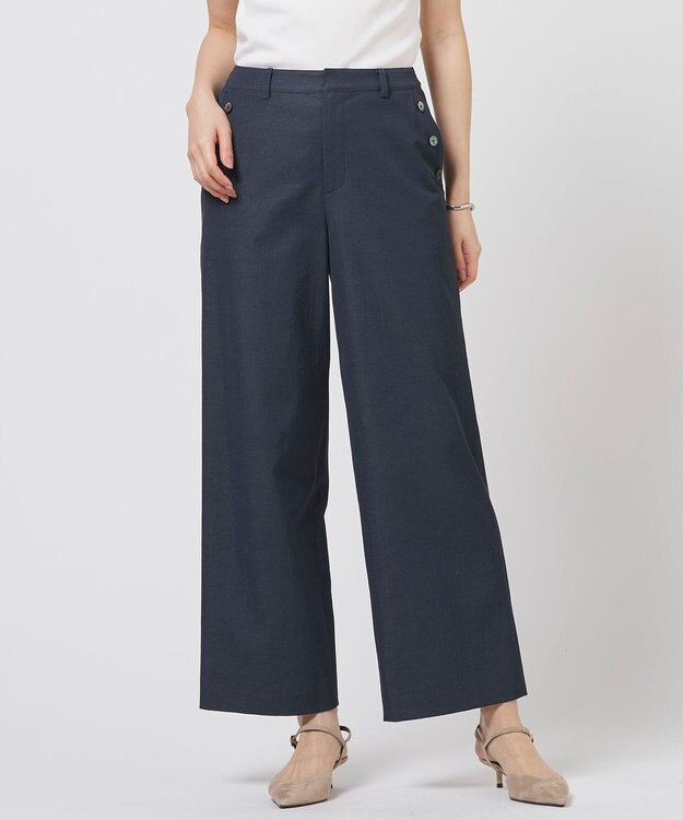 J.PRESS LADIES L 麻シェルドライ ワイド ストレート パンツ ネイビーシャンブレー系