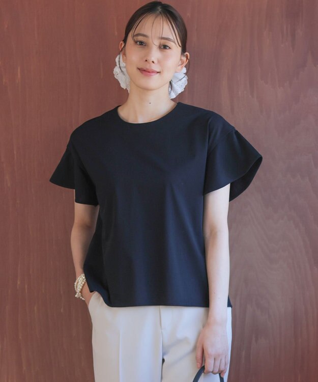 組曲 【WEB限定】プレーティング天竺フリルスリーブ Tシャツ ブラック系