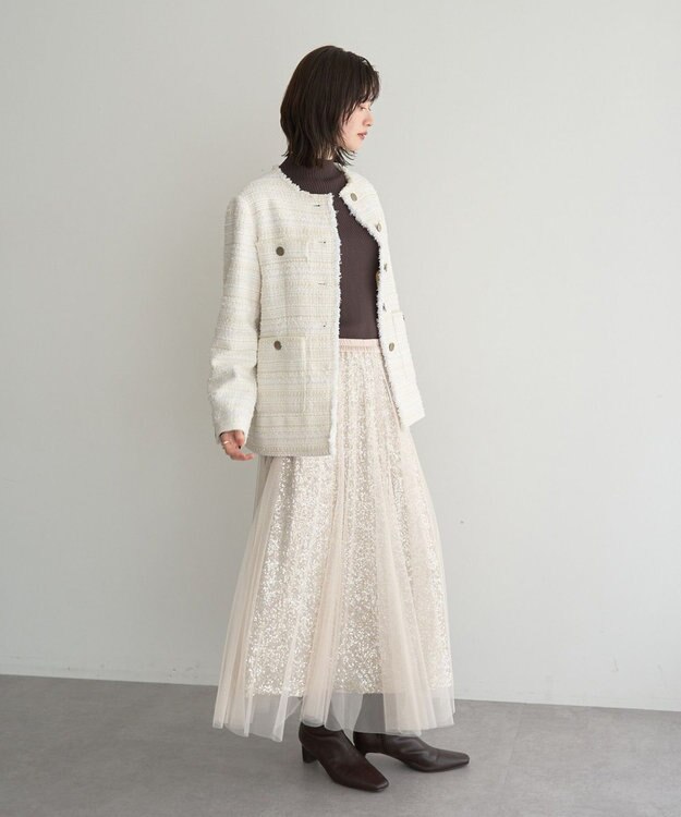YECCA VECCA スパンコール×チュールスカート Ivory
