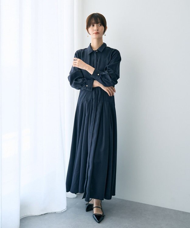 YECCA VECCA タックデザインシャツワンピース Navy