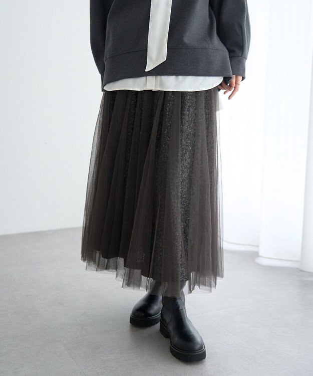 YECCA VECCA スパンコール×チュールスカート Charcoal Gray
