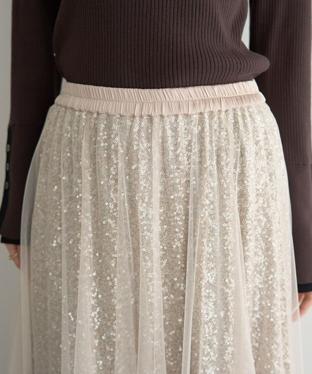 YECCA VECCA スパンコール×チュールスカート Ivory