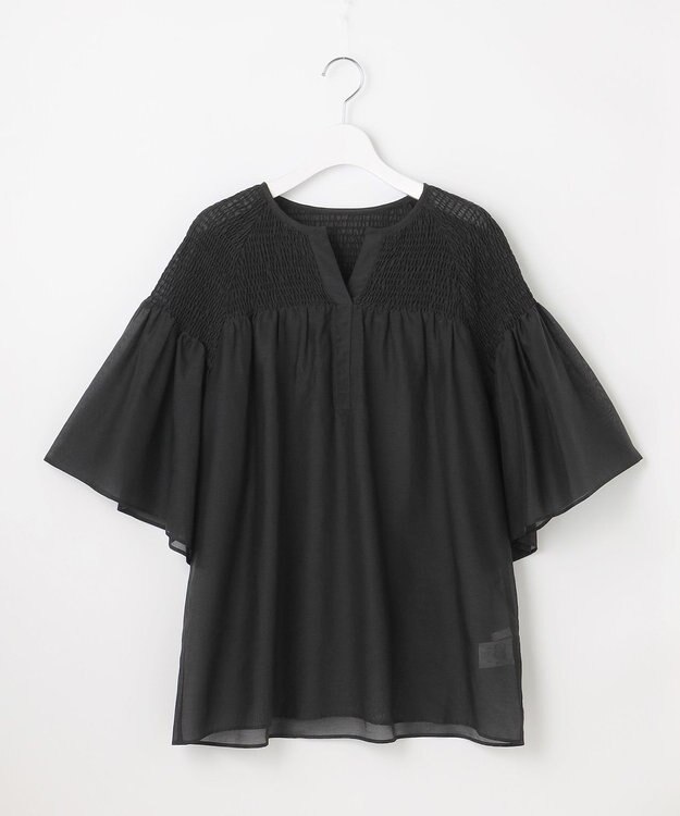 自由区 【洗える】シルクコットンローンスモッキング刺繍 ブラウス ブラック