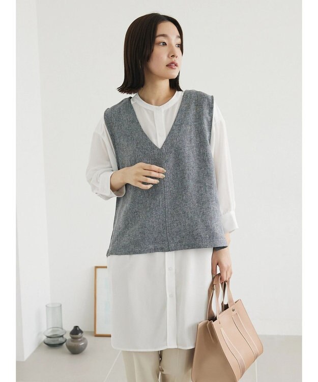 Green Parks ＳＥＴ２点Ｖネックベスト＋７分袖ミディシャツワンピース Gray Mixture