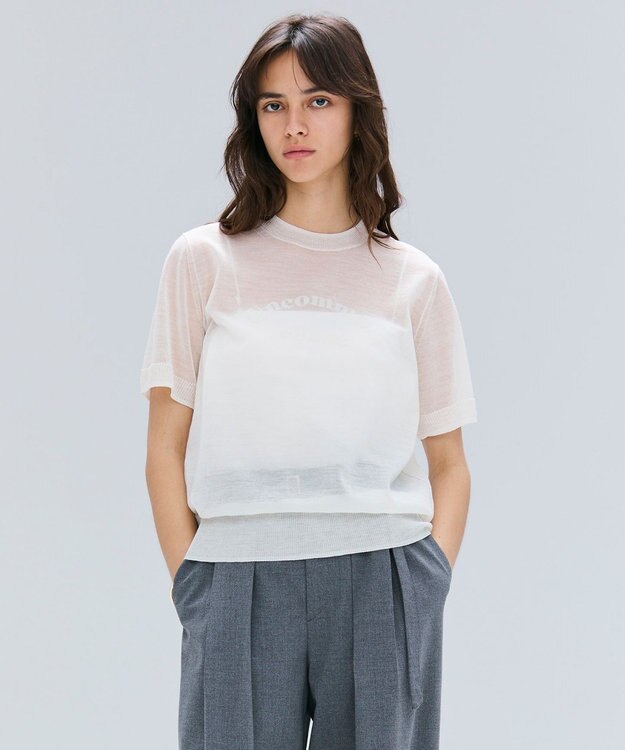 BEIGE， 【洗える・GLOW 10月号掲載】CADDO / シアーウールメッセージロゴＴニット Ecru