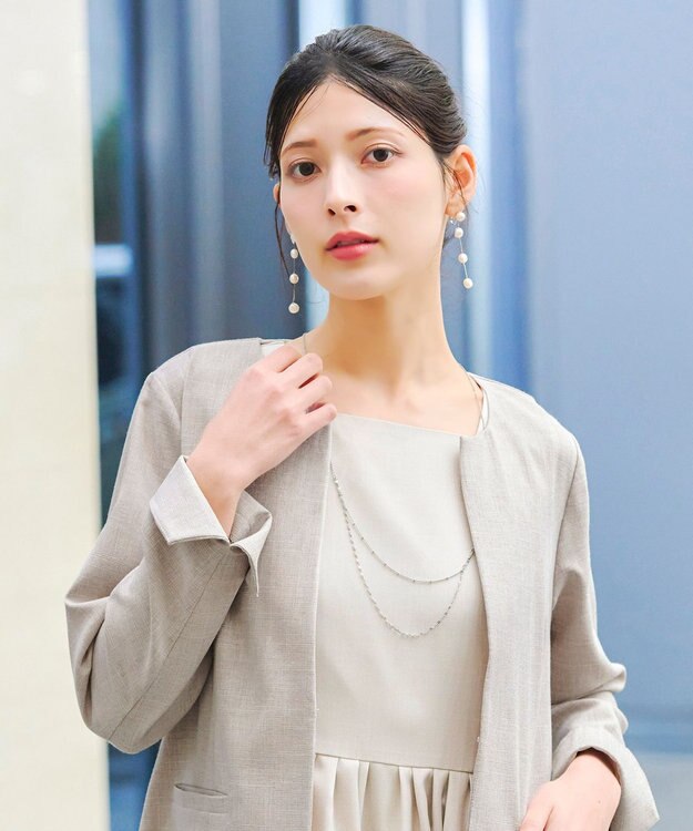 Tiaclasse L 【新色追加・洗える】麻調薄地キーネックジャケット グレージュ