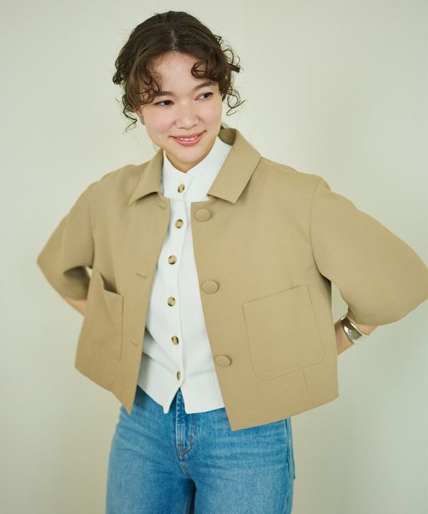 #Newans 【シワになりにくい】〈花乃まりあさんコラボ〉クロップドシャツジャケット サンドベージュ