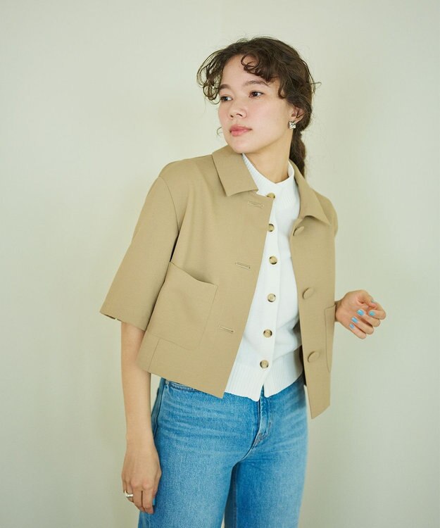 #Newans 【シワになりにくい】〈花乃まりあさんコラボ〉クロップドシャツジャケット サンドベージュ