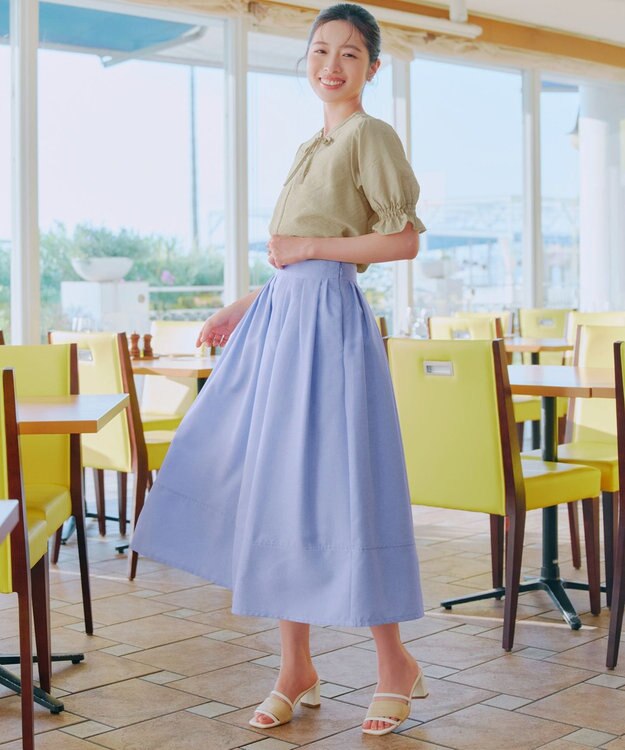 Tiaclasse 【新色追加・選べる丈】麻調タックフレアスカート ミモレ丈サックス
