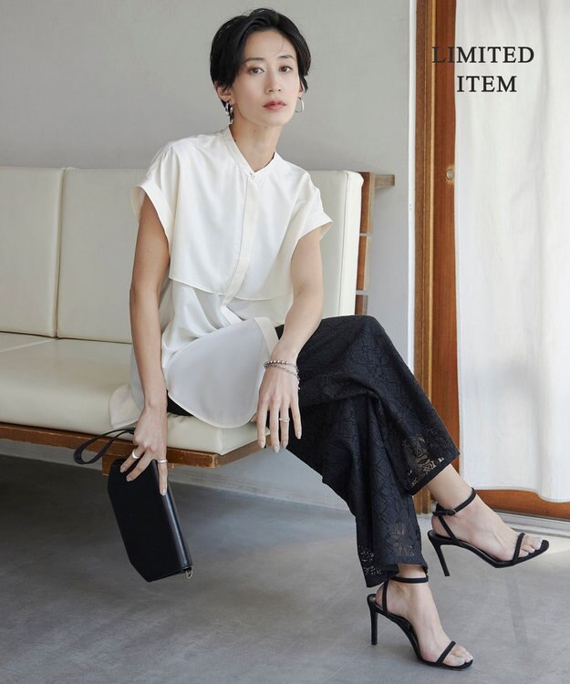 ICB 【洗える】ヌーディスローン  バンドカラーブラウス トープ系