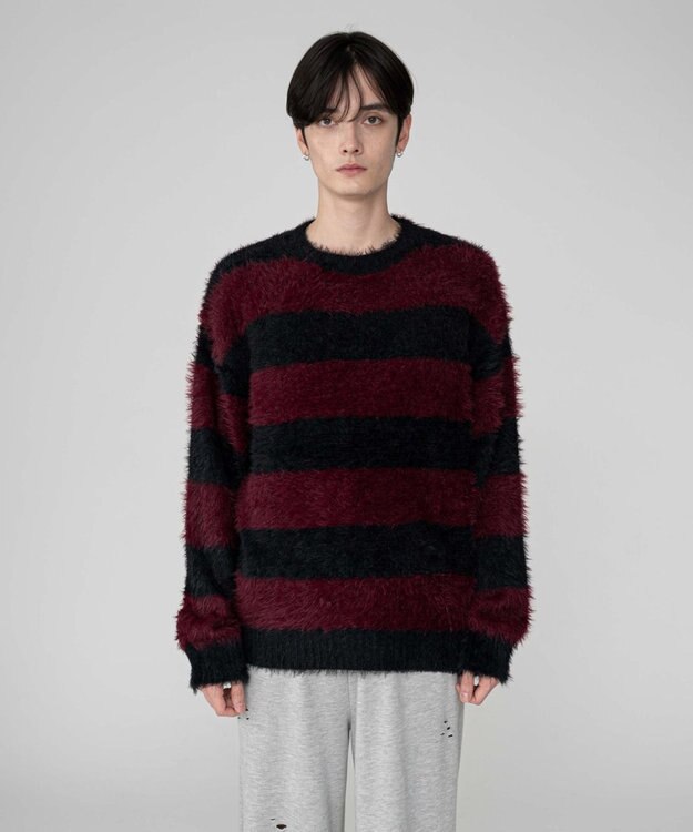 WEGO 【2025秋冬新作/ユニセックス着用ITEM/MLサイズ展開】フェザーニットプルオーバー レッドボーダー