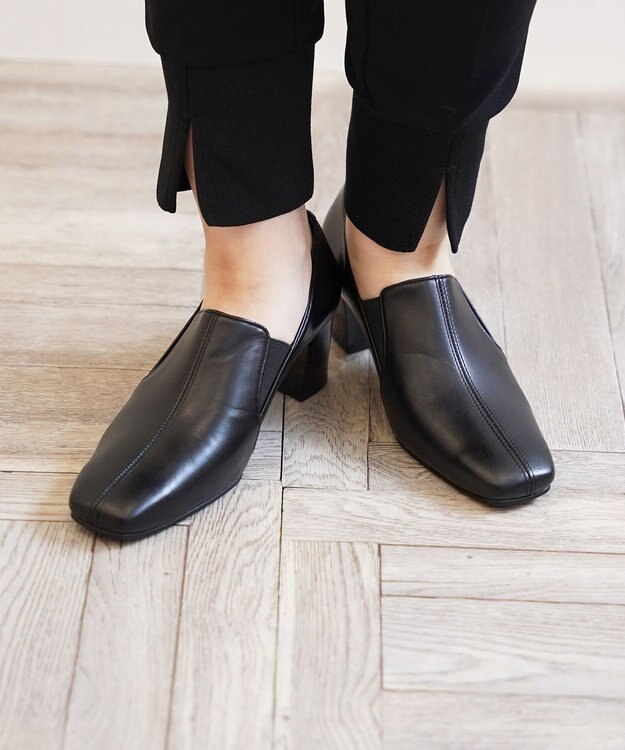 Pointer 日本製 滑り止めスクエアトゥサイドゴムパンプス ブラック