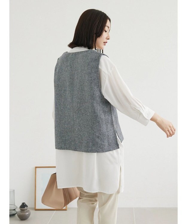 Green Parks ＳＥＴ２点Ｖネックベスト＋７分袖ミディシャツワンピース Gray Mixture