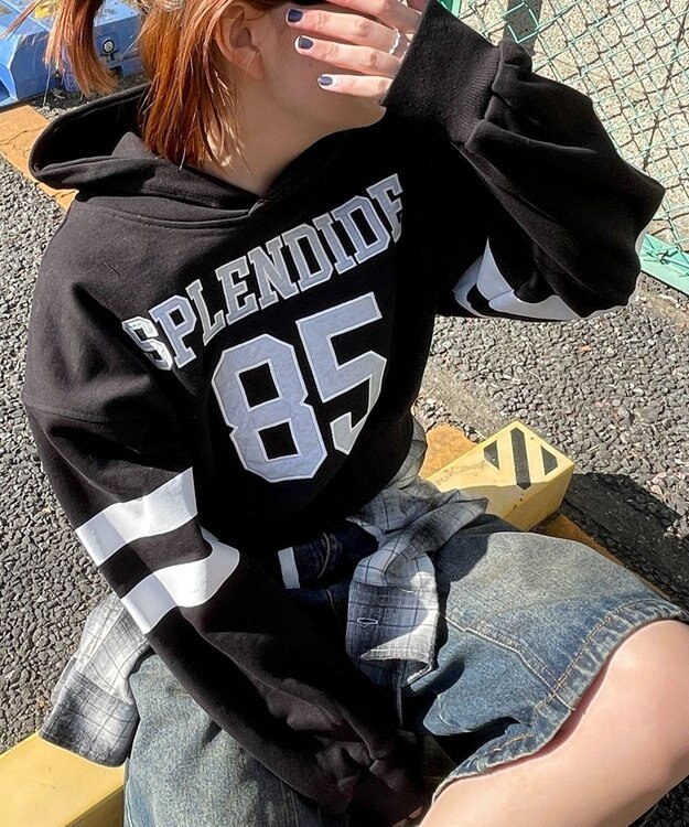 WEGO ナンバリングラインショートプルパーカー ブラック