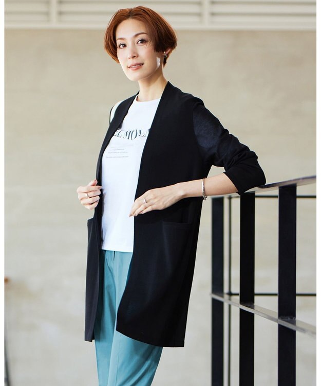 ICB 【洗える】 ドライコットンアセテート ニットジャケット ブラック系