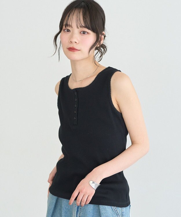 earth music&ecology 【綿100％】ピコミシンヘンリーネックタンクトップ Black