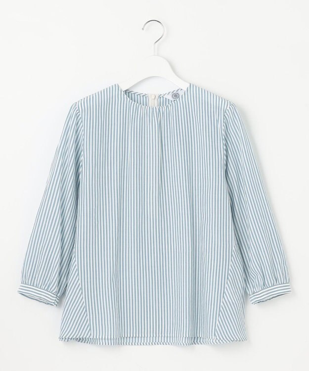 J.PRESS LADIES S 【洗える】コットンアセVis ストライプ クルーネック ブラウス ダルブルー系1