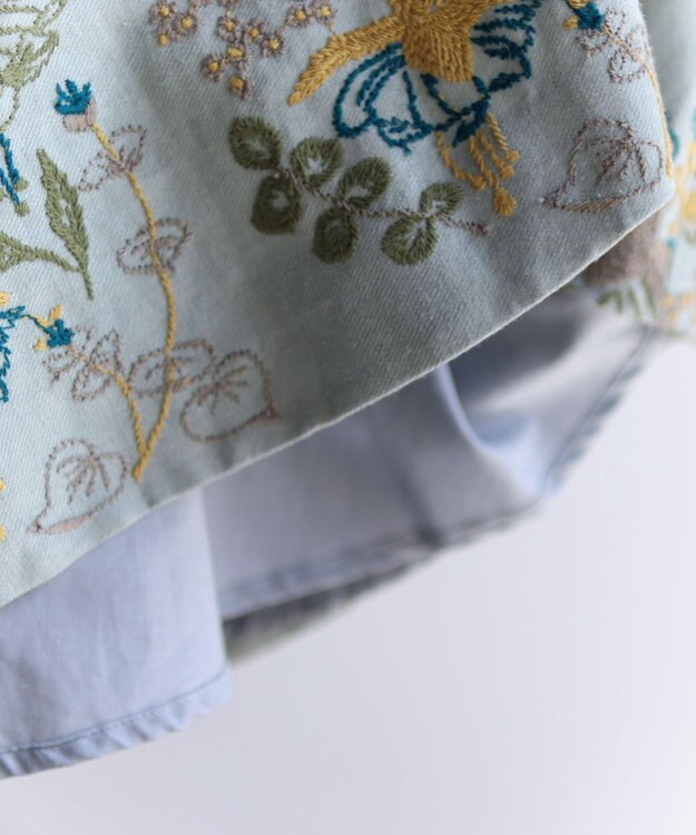 muuc 〈通年着られる心地よいリネンウール〉フクシアの花刺繍 後ろゴム有り・裏地有り フレアースカート ブルー