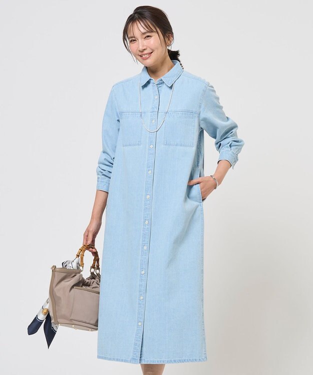 J.PRESS LADIES コットンリネン 7oz デニム シャツ ワンピース ブリーチ系
