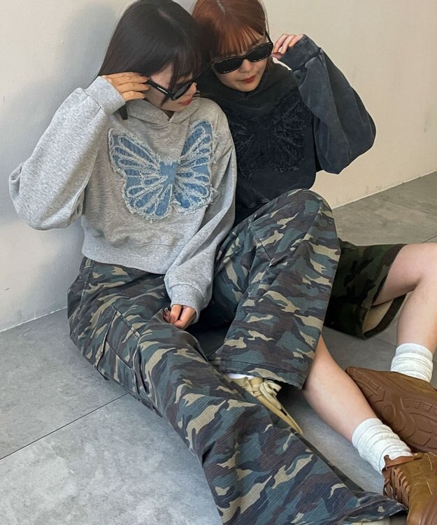 WEGO ヴィンテージウォッシュバタフライショートパーカー 杢グレー