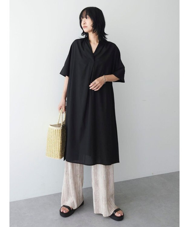 Green Parks 綿麻混スキッパーミニワンピース Black