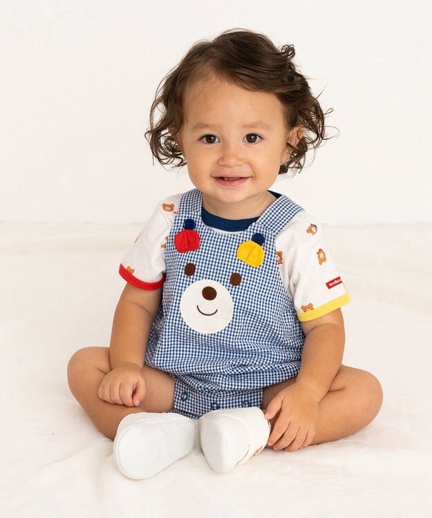 MIKI HOUSE HOT BISCUITS 【70-90cm】 顔ドン　デニムロンパース 紺×白